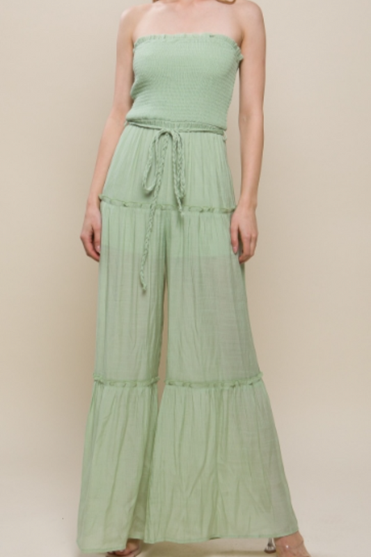 Smocked Ruffle Inspired Jumpsuit in Celery