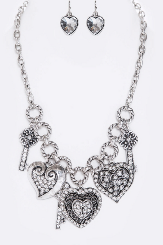 Key To My Heart Silver Metal Charm Necklace Set
