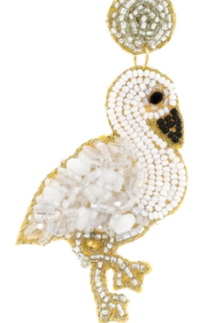 White Flamingo Seed Bead Drop Post Earrings