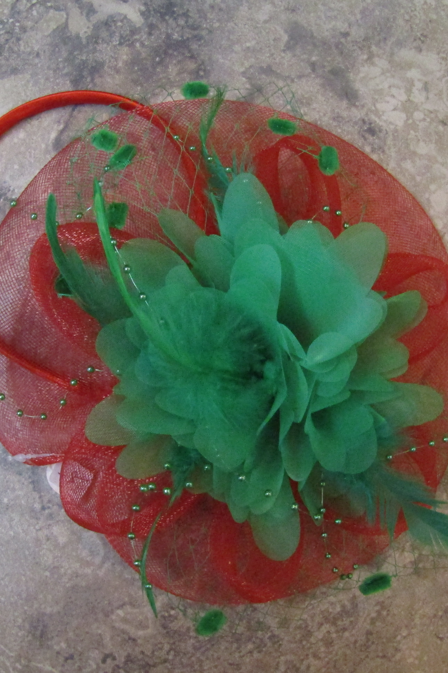 Mesh Floral Organza Fascinator in Red & Green