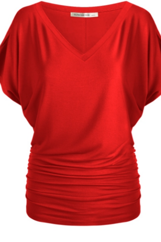 Short Sleeve V-Neck Dolman Top in  Red