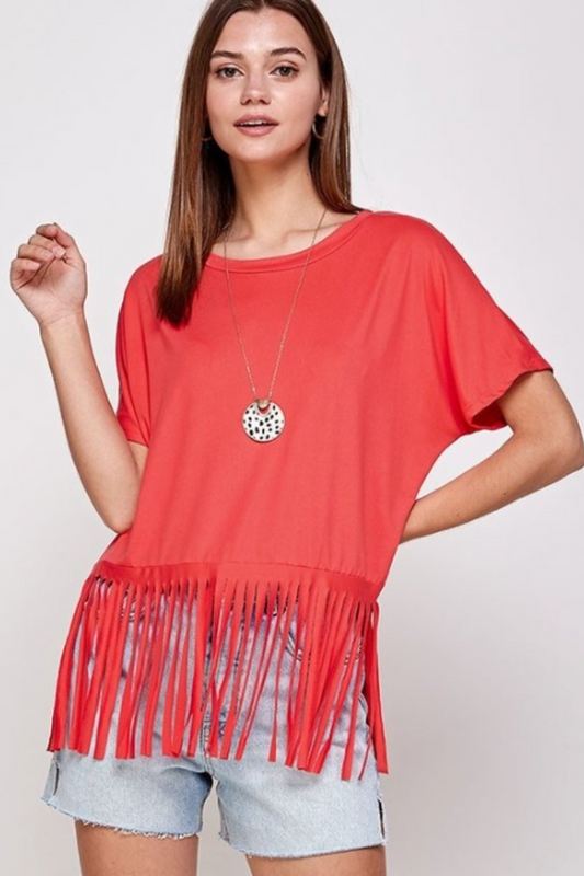 Fringed Faux Suede Knit Top in Coral