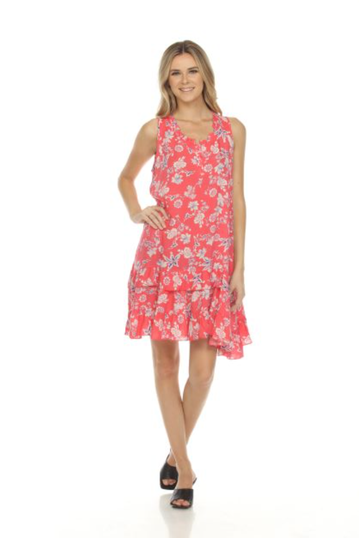 Ruffle Trimmed Sleeveless Dress - Coral Lily Print