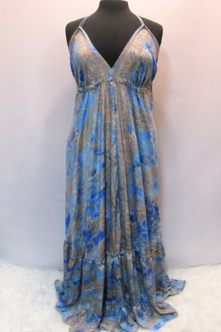 Boho Style Long Halter Dress with Ruffled Hem - Blue Print