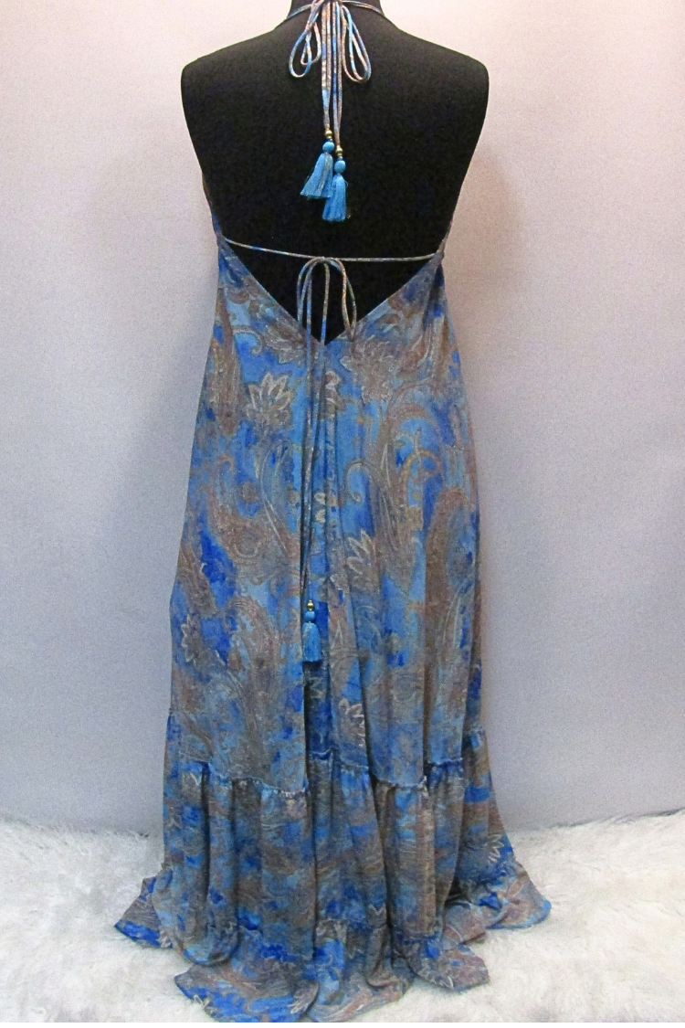 Boho Style Long Halter Dress with Ruffled Hem - Blue Print
