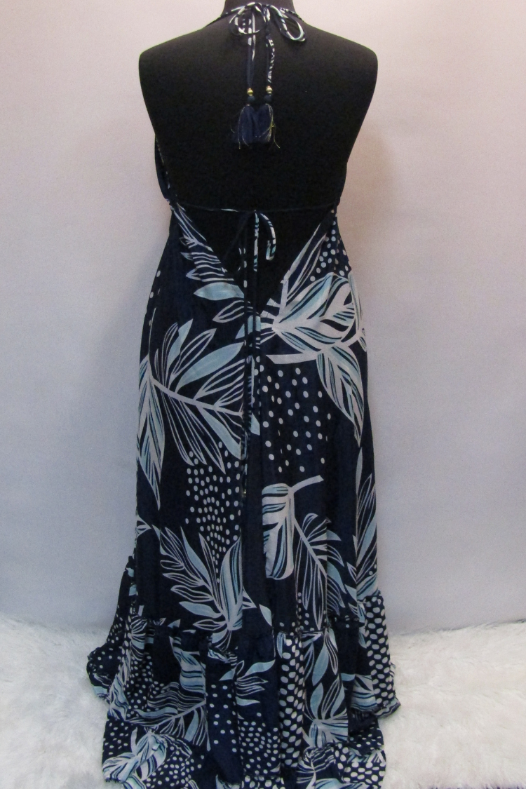 Boho Style Long Halter Dress with Ruffled Hem - Navy Print