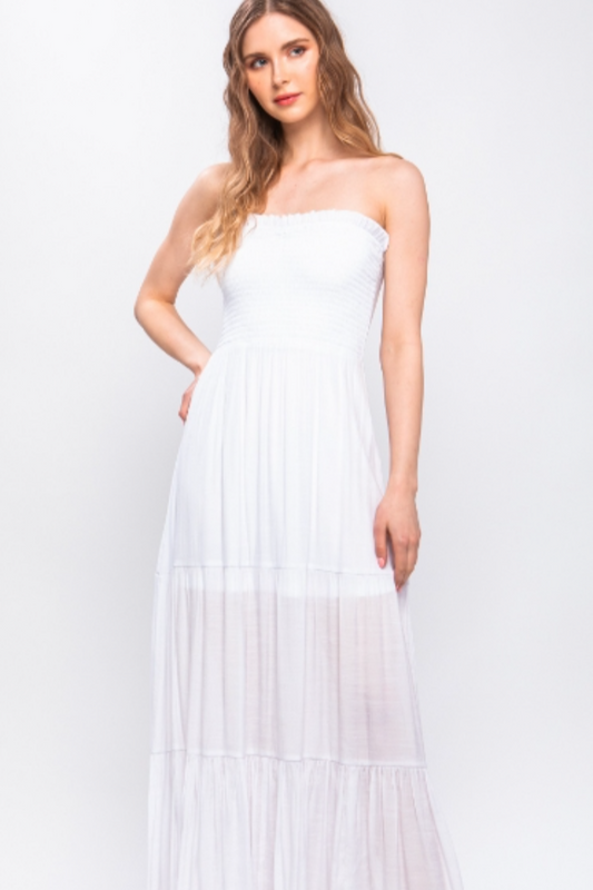 Smock Top Long Tiered Maxi Dress in White