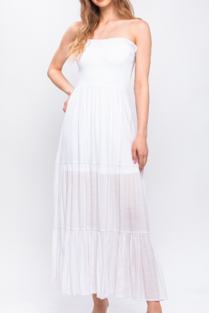Smock Top Long Tiered Maxi Dress in White