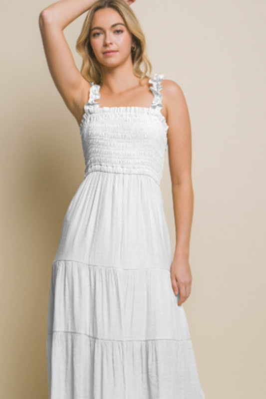 Smock Top Ruffled Strap Tiered Maxi Dress in White