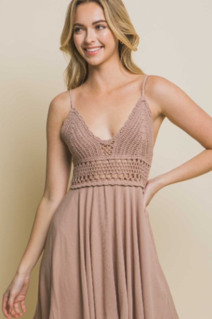 Crochet Bodice Asymmetrical Hem Mini Dress in Taupe