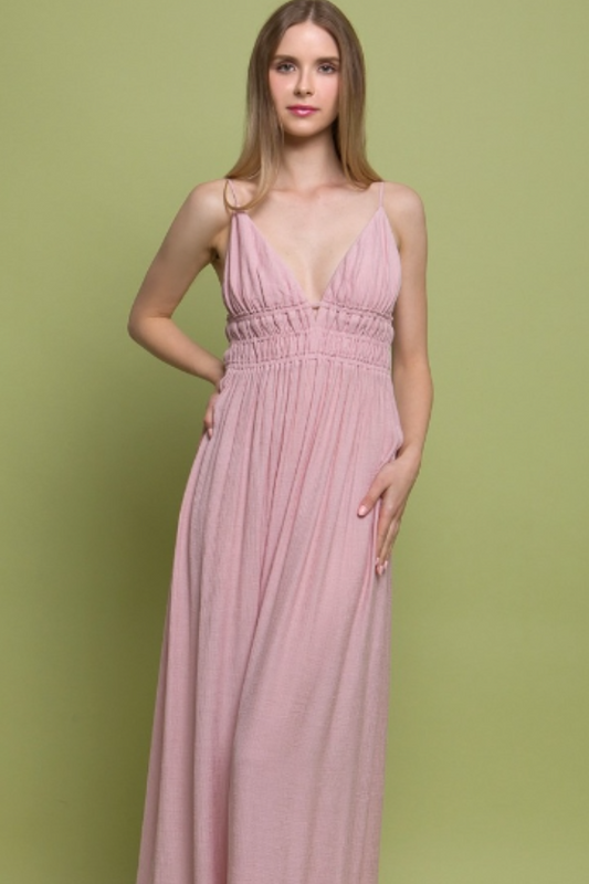 Woven V-Neck Open Back Dusty Pink Maxi Dress