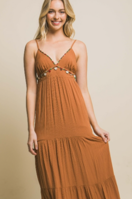 Woven V-Neck Open Back Beaded Trim Maxi Dress in Almond