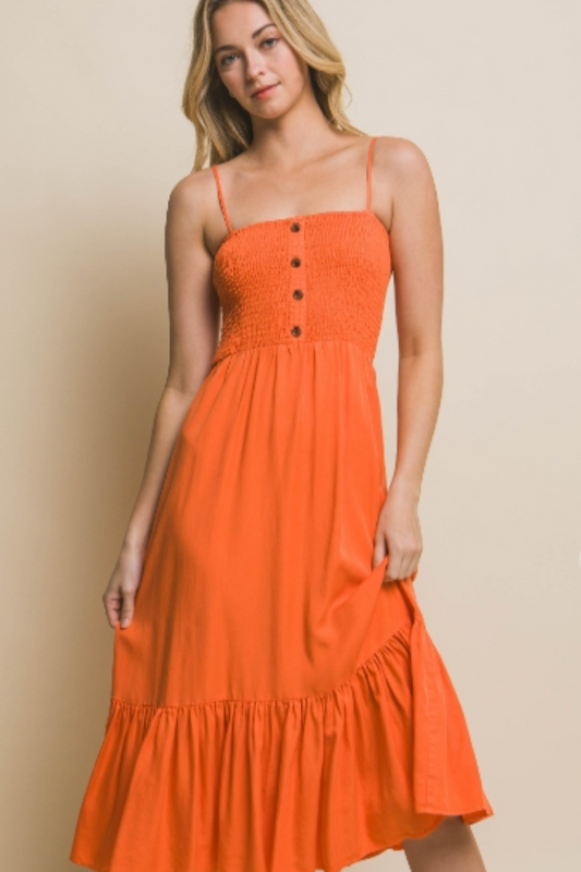 Smocked Orange Maxi Tencel Dress