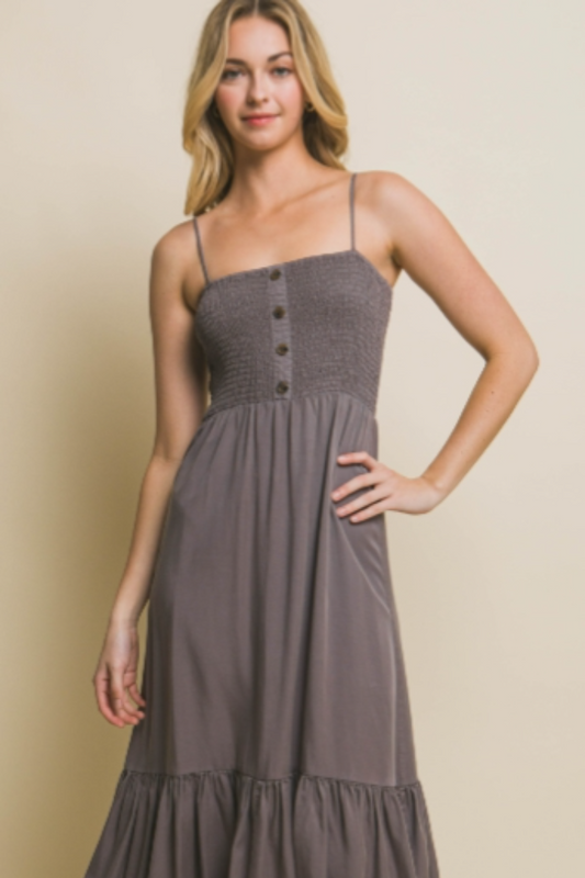 Smocked Dark Gray Maxi Tencel Dress