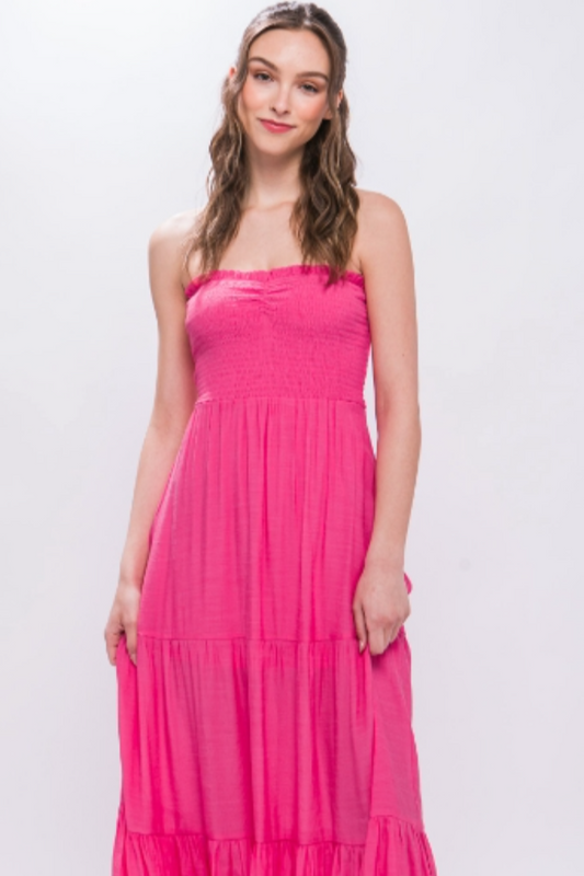 Smock Top Long Tiered Maxi Dress in Fuchsia