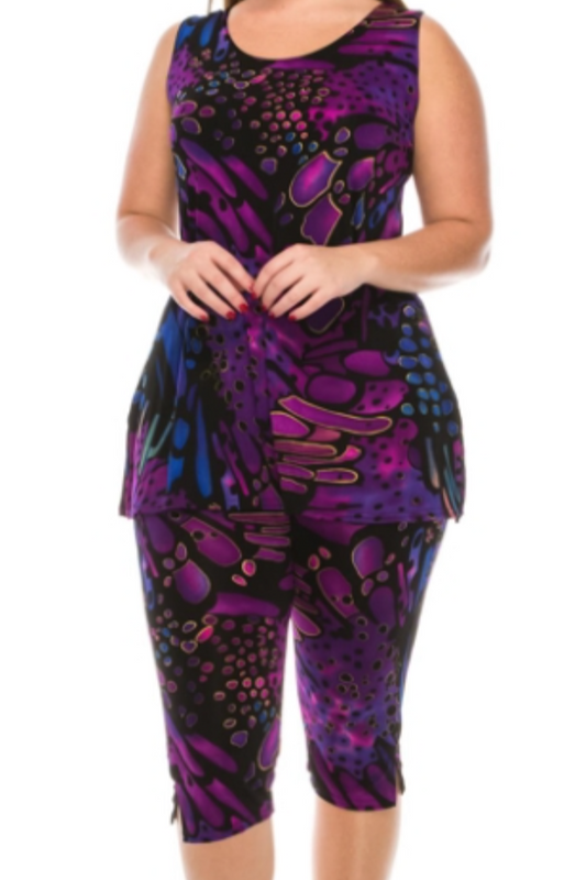 Purple Print Sleeveless Capri Set