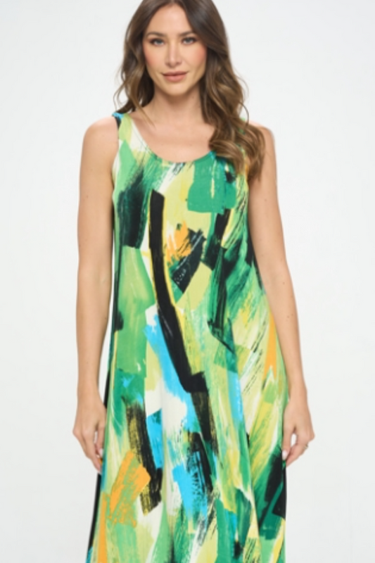 Abstract Print Sleeveless Maxi Tank Dress