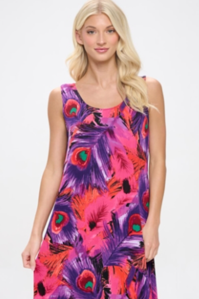 Peacock Print Sleeveless Maxi Tank Dress