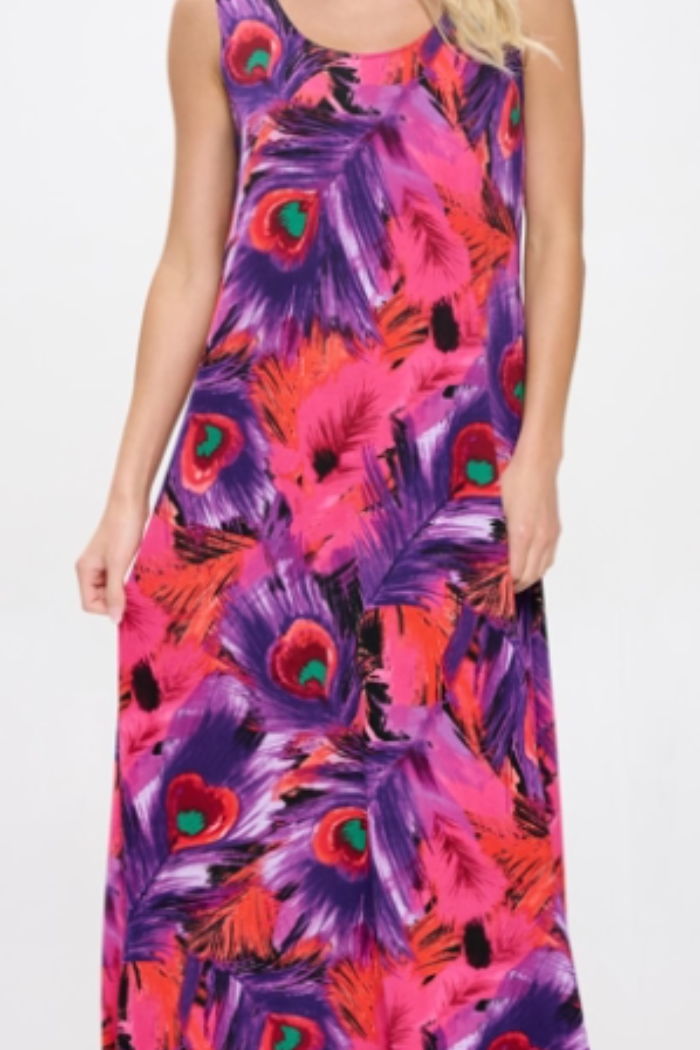 Peacock Print Sleeveless Maxi Tank Dress