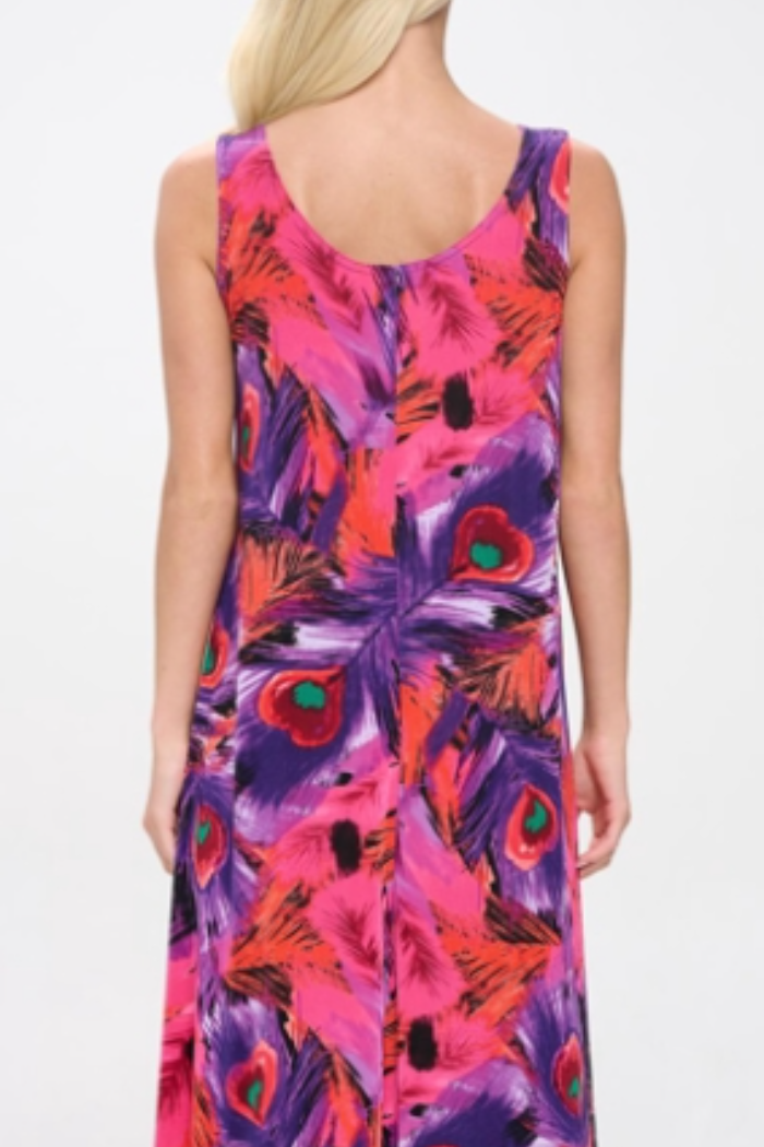 Peacock Print Sleeveless Maxi Tank Dress