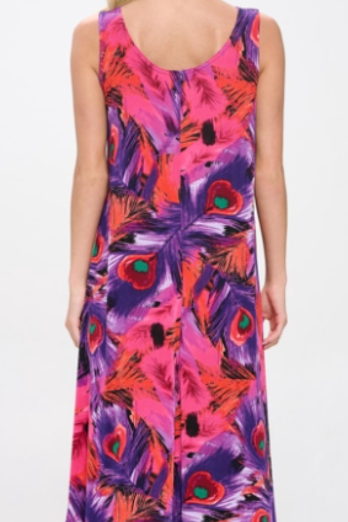 Peacock Print Sleeveless Maxi Tank Dress