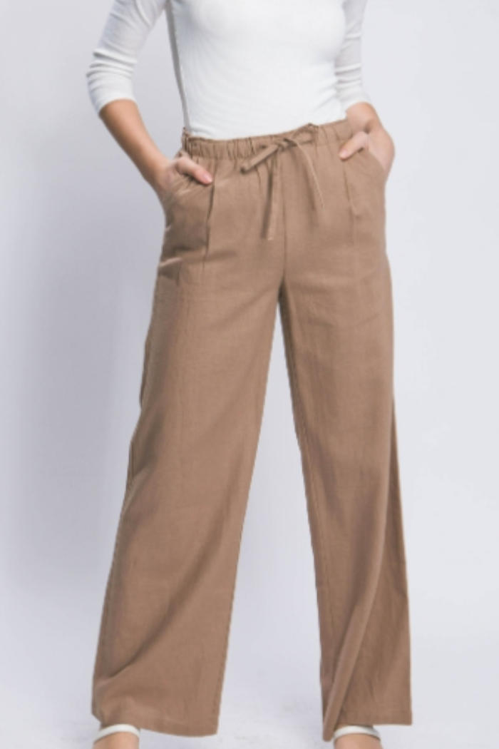 Linen Blend Full Cut Drawstring Pant in Taupe