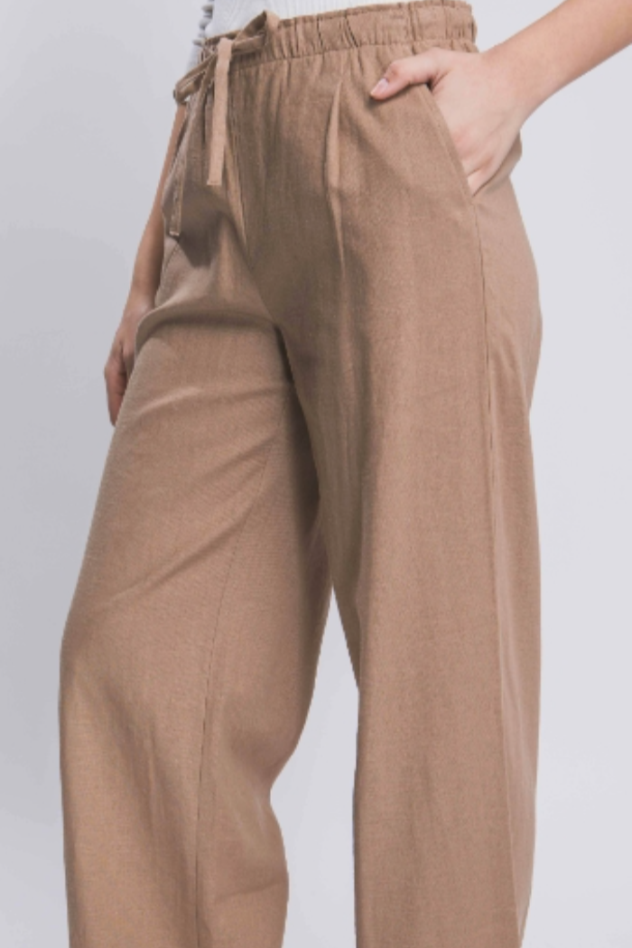 Linen Blend Full Cut Drawstring Pant in Taupe