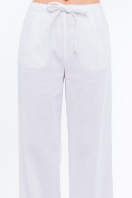 Linen Blend Full Cut Drawstring Pant in White