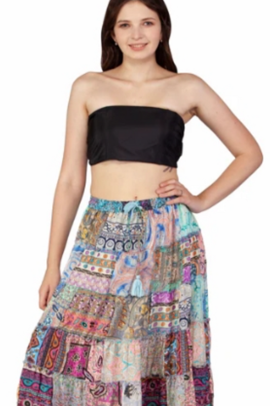 Silky Long Patchwork Skirt with Drawstring Waist