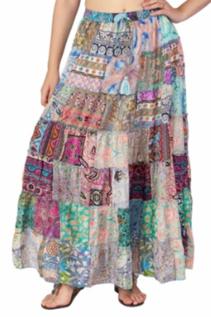 Silky Long Patchwork Skirt with Drawstring Waist