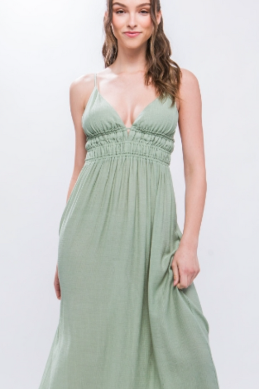 Woven V-Neck Open Back Mint Green Maxi Dress