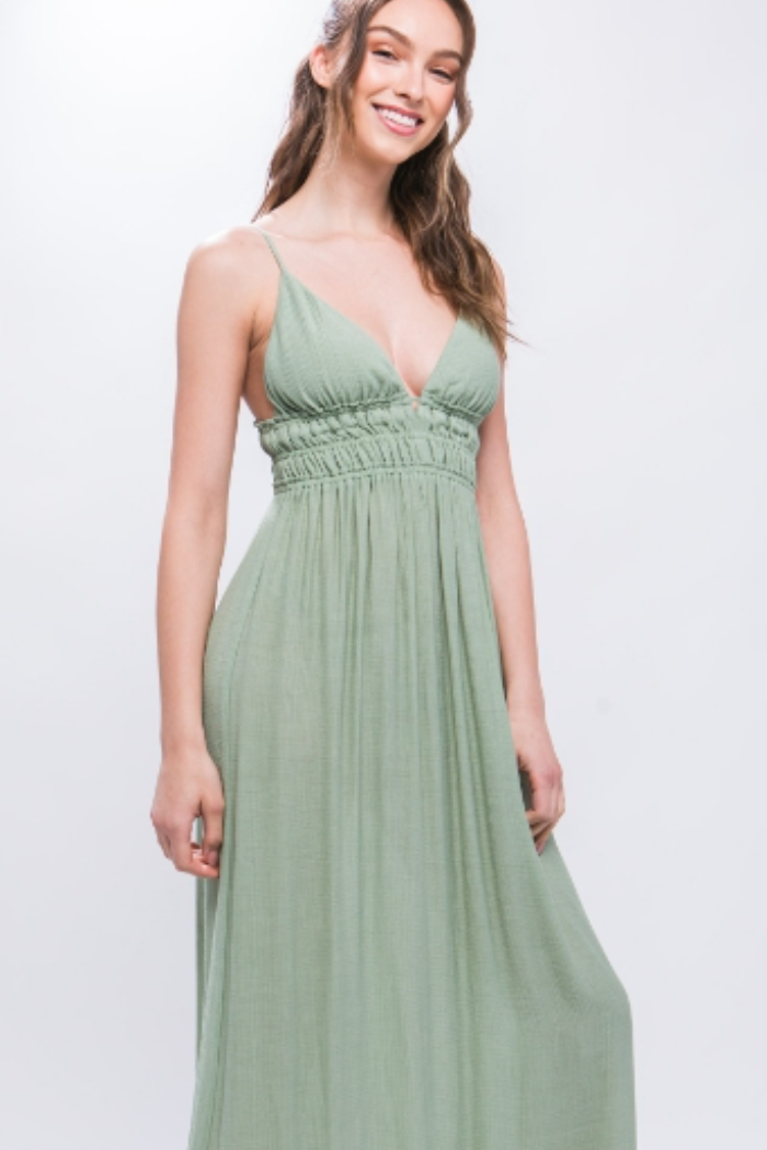 Woven V-Neck Open Back Mint Green Maxi Dress