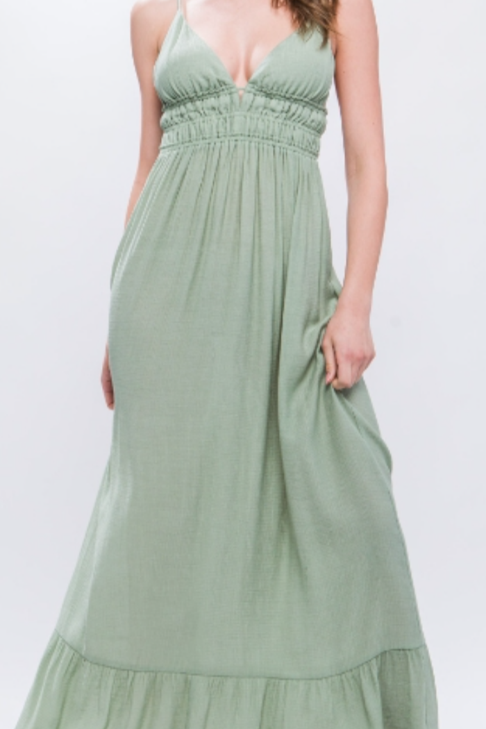 Woven V-Neck Open Back Mint Green Maxi Dress