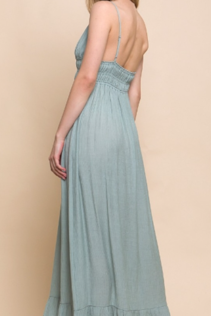 Woven V-Neck Open Back Mint Green Maxi Dress