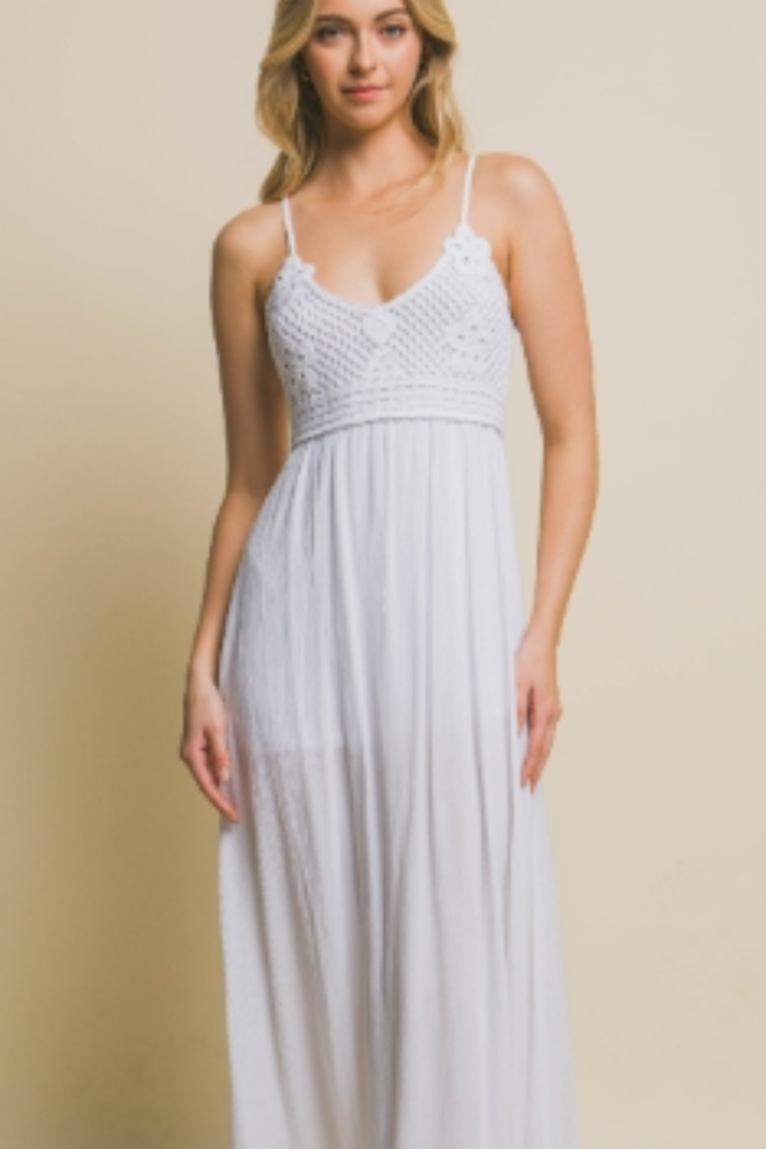 Crochet Lace Top Open Back White Maxi Dress