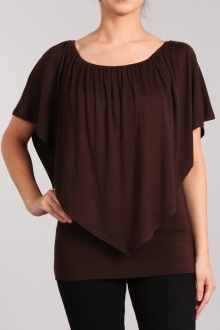 Convertible Elasticized Neckline Top - Brown