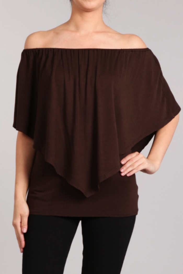 Convertible Elasticized Neckline Top - Brown