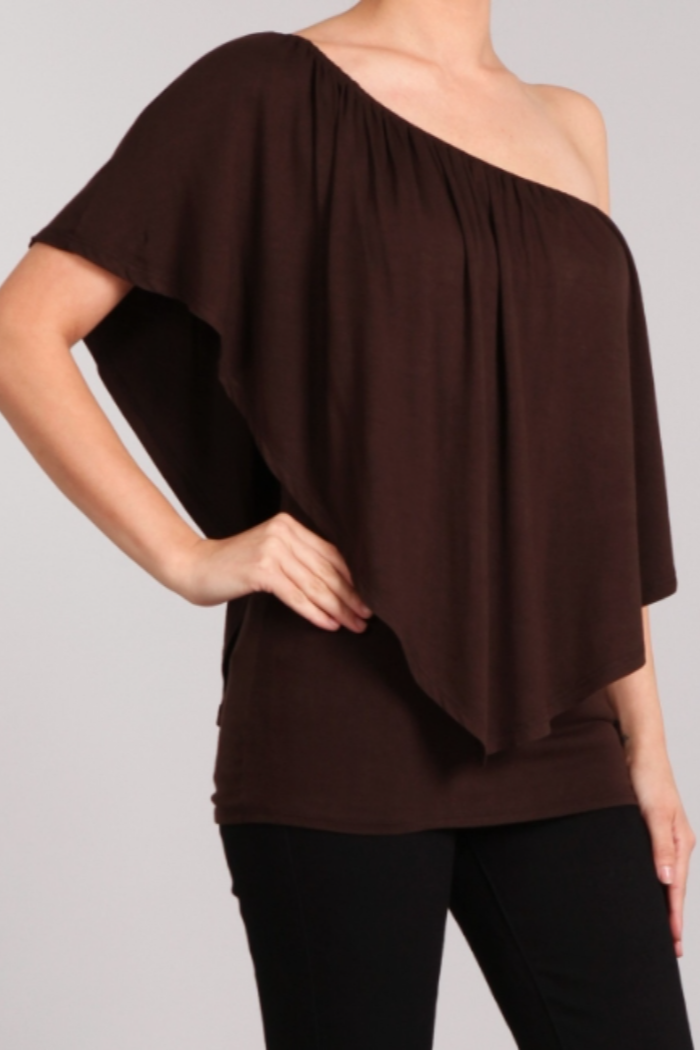 Convertible Elasticized Neckline Top - Brown