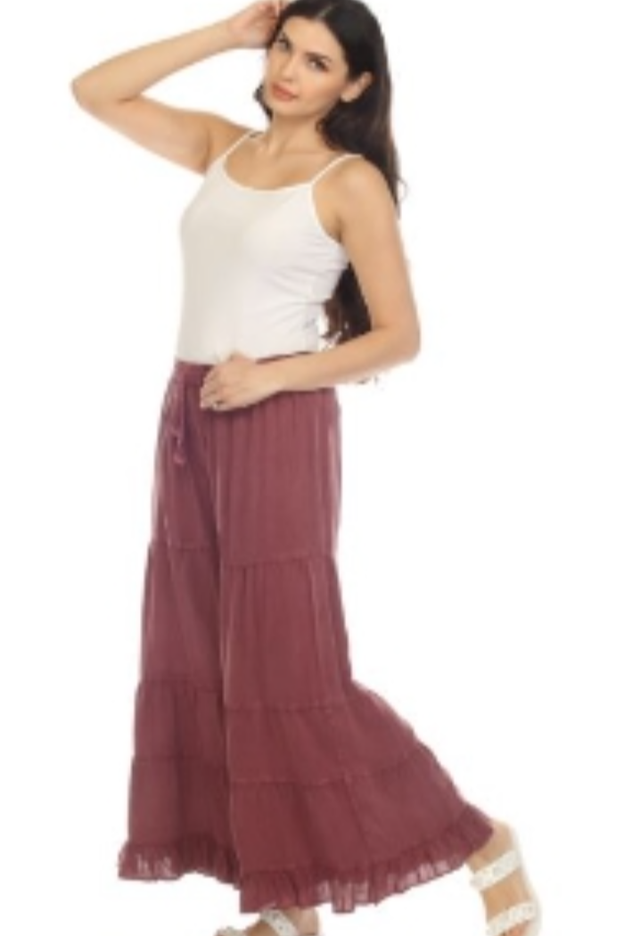 Dusty Rose Stone Wash Long Tiered Pant