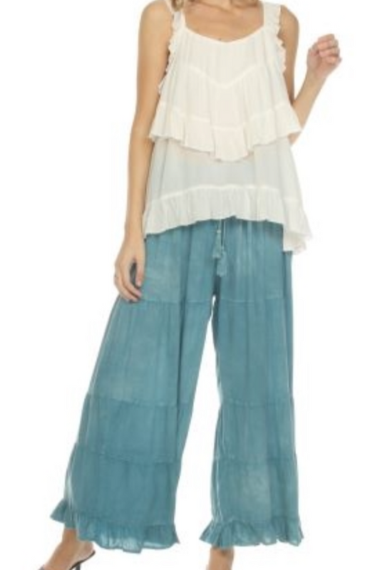 Teal Stone Wash Long Tiered Pant