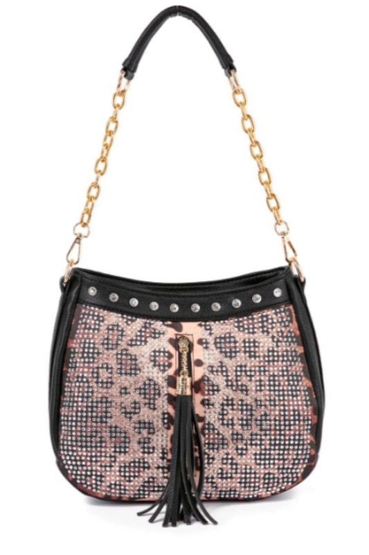 Leopard Rhinestone Tassel Accented Hobo Handbag