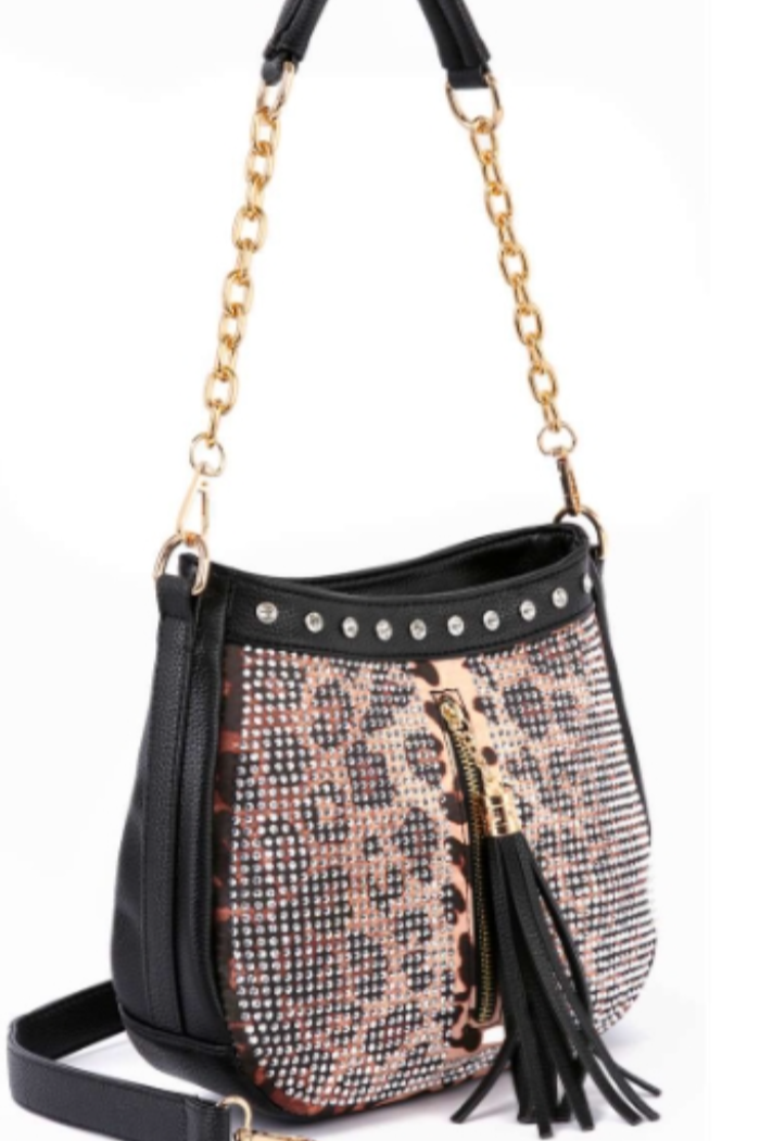 Leopard Rhinestone Tassel Accented Hobo Handbag