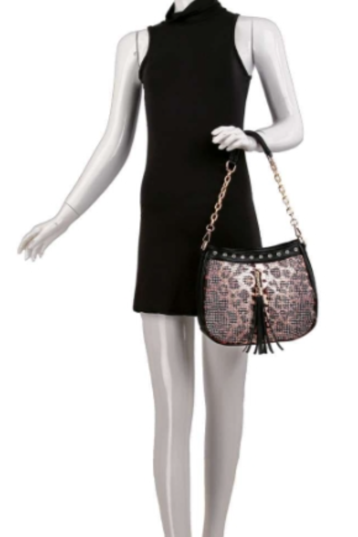 Leopard Rhinestone Tassel Accented Hobo Handbag