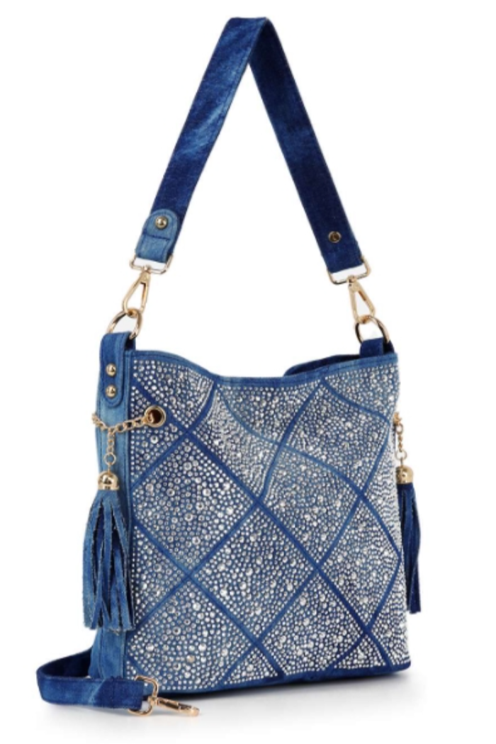 Denim Rhinestone Hobo Crossbody