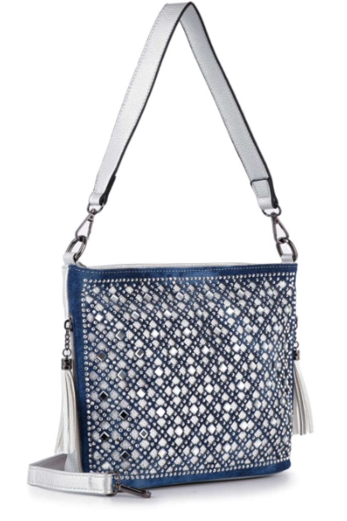 Blue-Silver Rhinestone Hobo Handbag