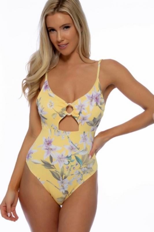 Ribbed Yellow Floral One Piece Swimsuit