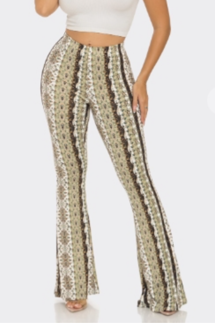 Boho Floral Printed Flared Long Pant in Sage Print