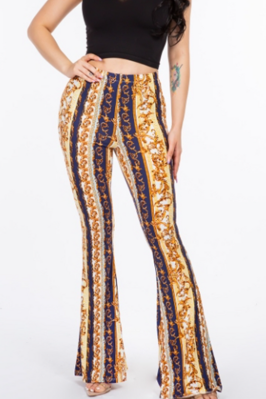 Baroque Chain  Printed Flared Long Pant in Navy Print