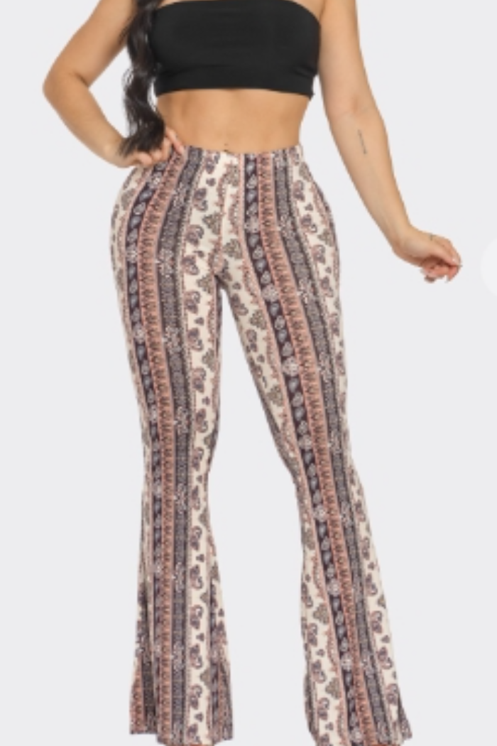 Boho Paisley Printed Flared Long Pant in a Grey/Pink Print