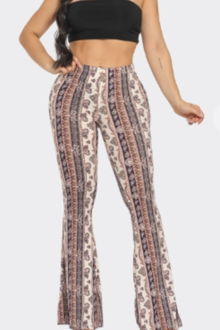 Boho Paisley Printed Flared Pant in a Grey/Pink Print